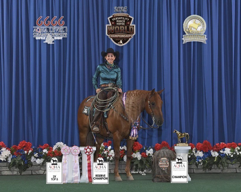 Lorinda Van Newkirk riding Check Out My Sparks after winning the 2025 AQHA VRH Ranch Riding World Championship