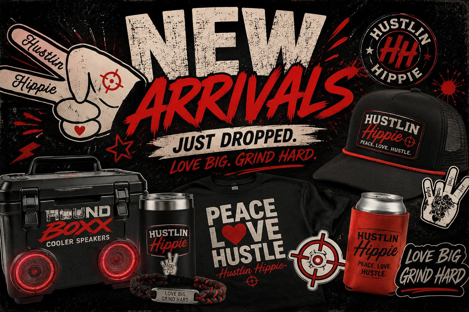 New arrivals featuring the latest Hustlin Hippie products and innovations, including apparel, accessories, coolers, and lifestyle gear