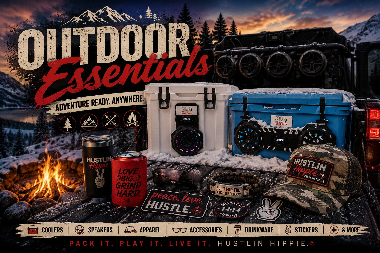 Hustlin Hippie Outdoor Essentials collection featuring Hound Boxx Bluetooth cooler speakers, sunglasses, hats, functional apparel, travel gear, and adventure-ready lifestyle accessories for camping, hunting, road trips, and outdoor adventures.