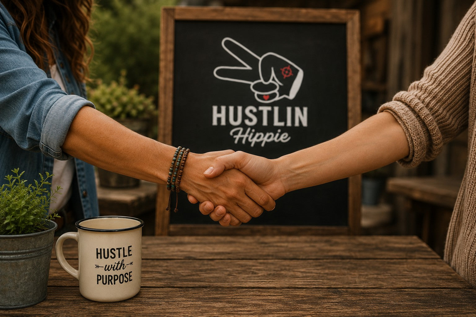 Brand Buddy partnership image showing two small business owners shaking hands and building community through Hustlin Hippie.
