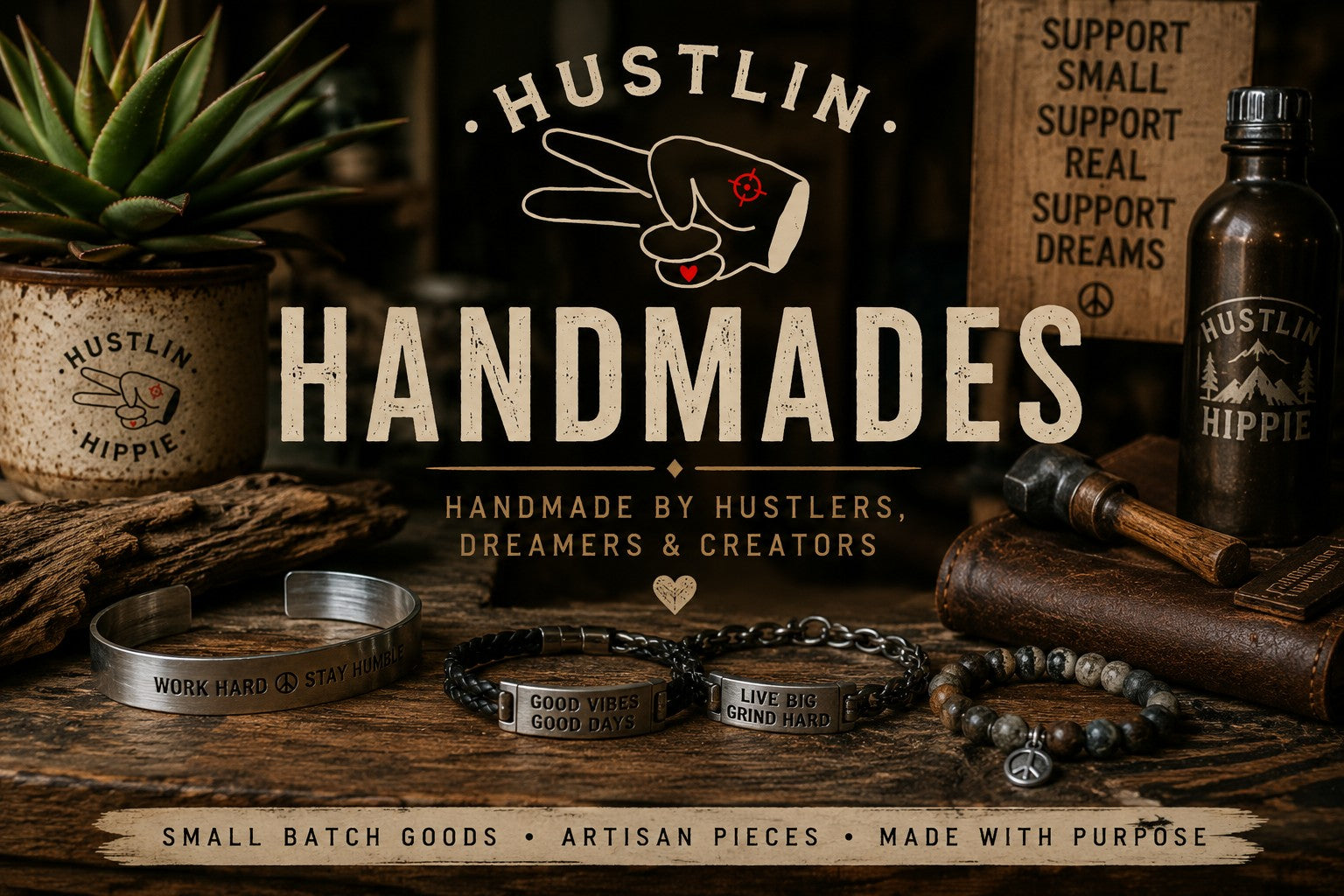 Hustlin Handmades collection banner featuring artisan bracelets and handcrafted small business goods.