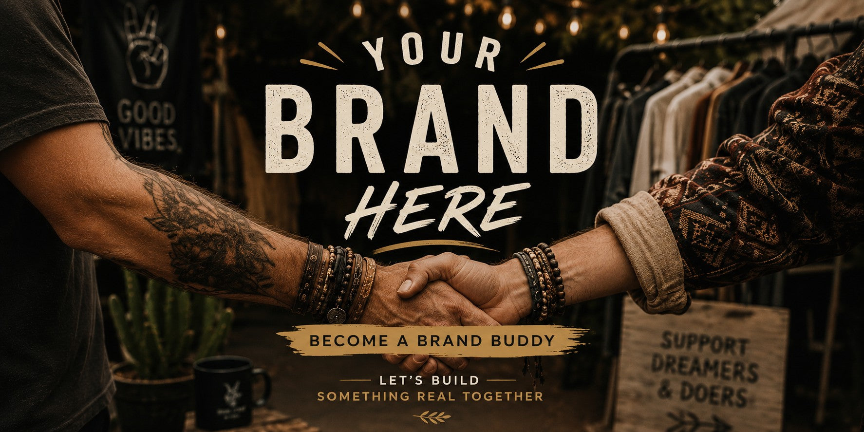 Two creators shaking hands with text ‘Become a Brand Buddy’ promoting partnership opportunities with Hustlin Hippie for makers, entrepreneurs, and small business brands