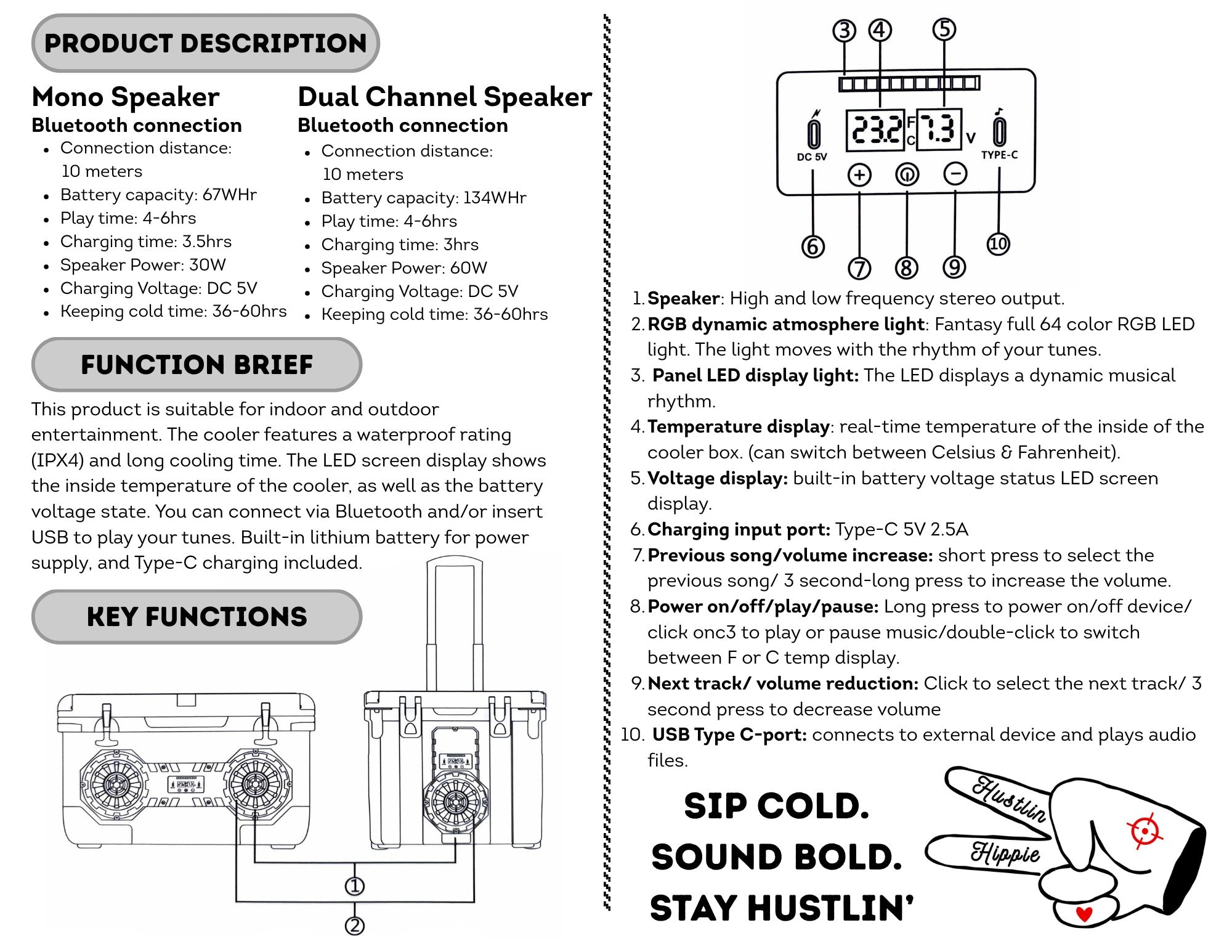 Hound Boxx Bluetooth cooler speaker user manual showing product features and specifications