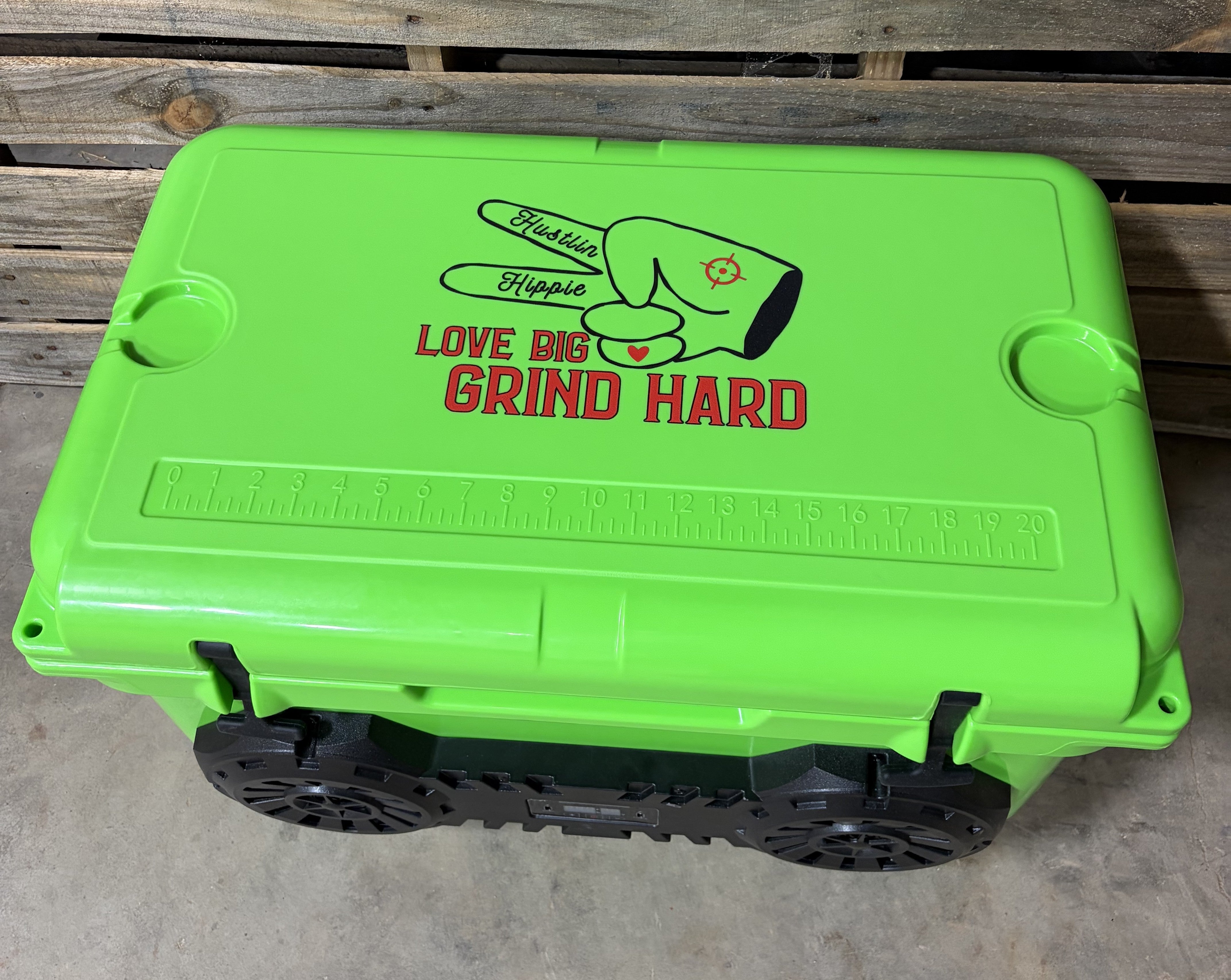 Neon Green Hound Boxx Bluetooth speaker cooler with rugged outdoor build and "Love Big Grind Hard" logo detail.