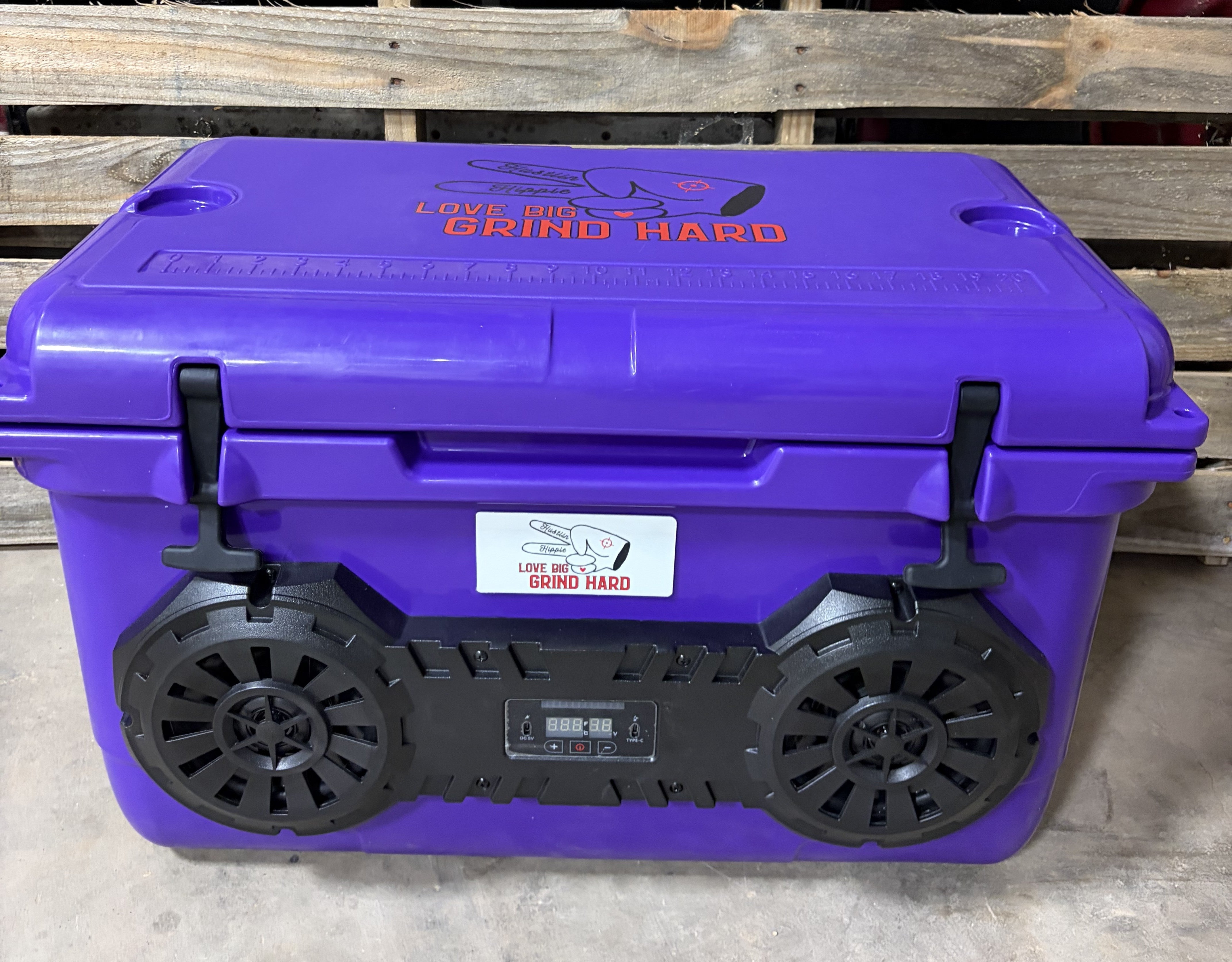 Purple Hound Boxx cooler featuring Bluetooth sound system, digital display, rugged latches, and heavy-duty insulated construction