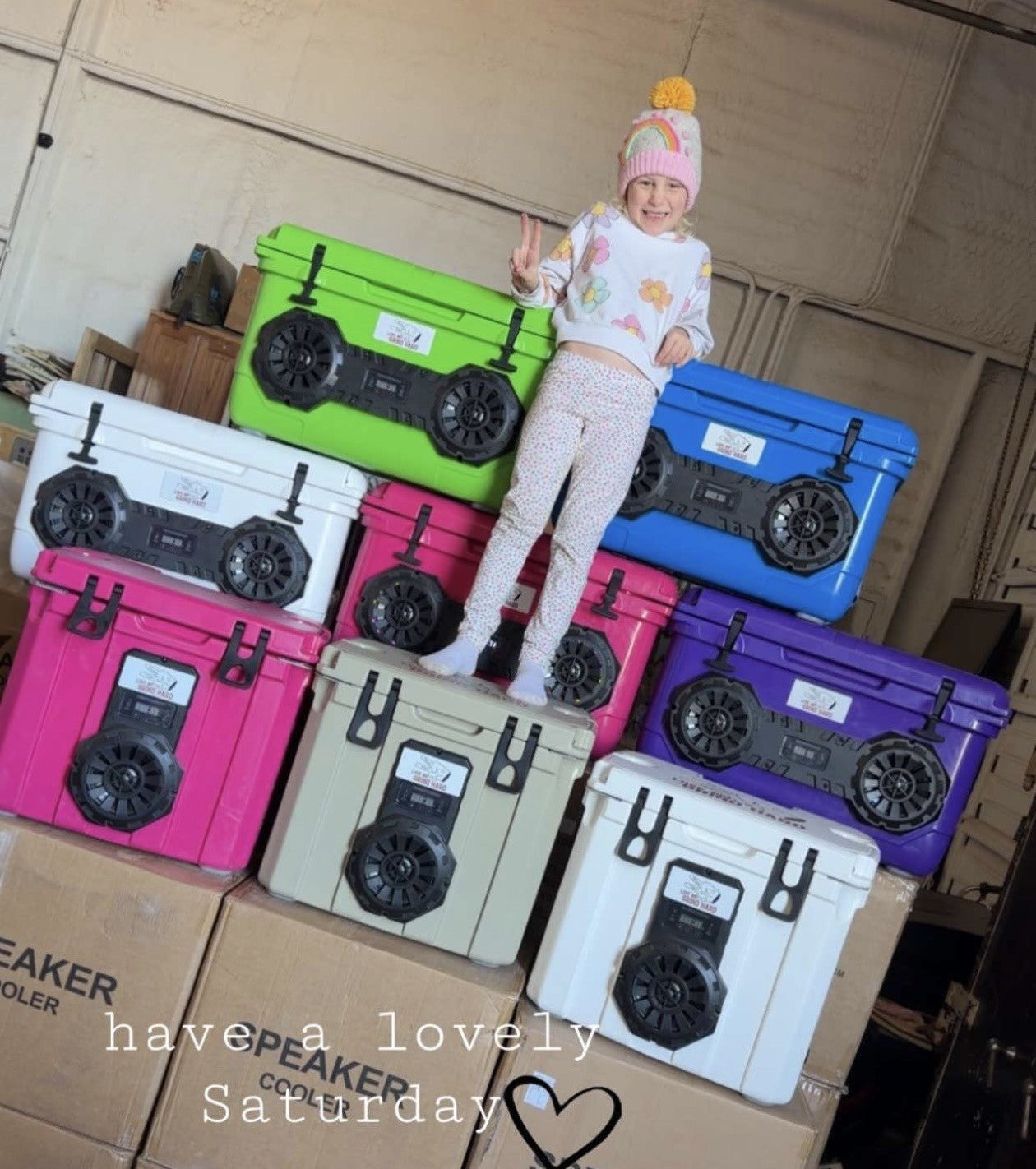 Colorful Hound Boxx Bluetooth cooler speaker collection featuring multiple sizes and colors