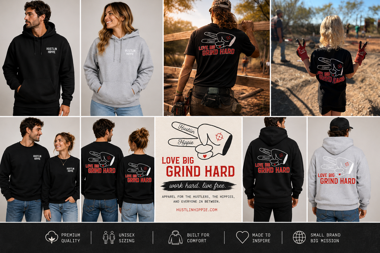 Lifestyle collage of Hustlin Hippie Love Big Grind Hard apparel collection featuring black graphic t-shirts, hoodies, and sweatshirts for adults and youth with front and back designs.