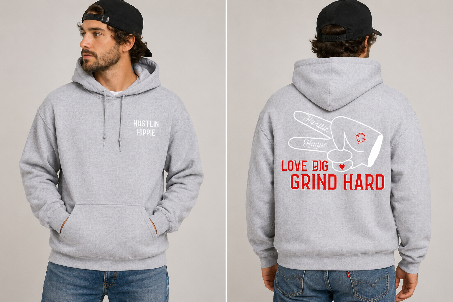 Gray Hustlin Hippie Love Big Grind Hard hoodie featuring front chest logo and large graphic back print.