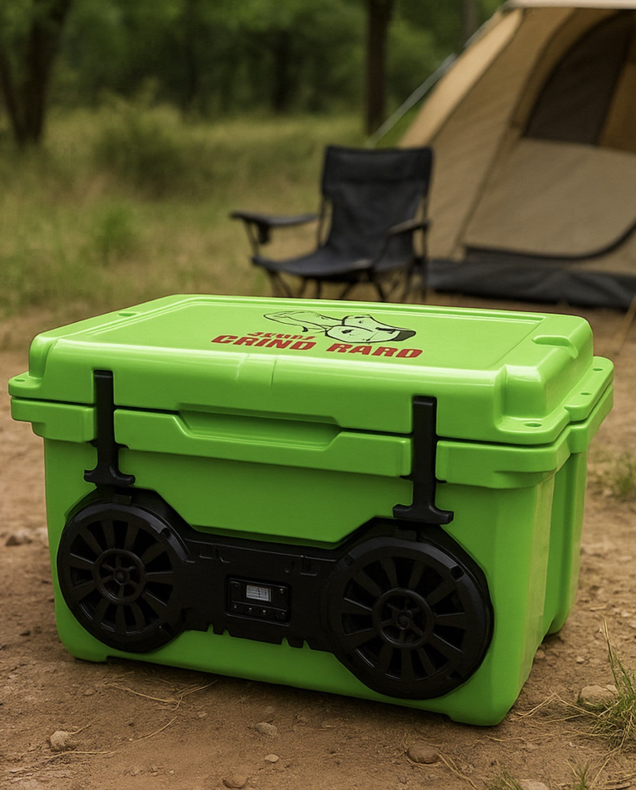 Neon Green Hound Boxx cooler speaker with LED lights in a camping setting