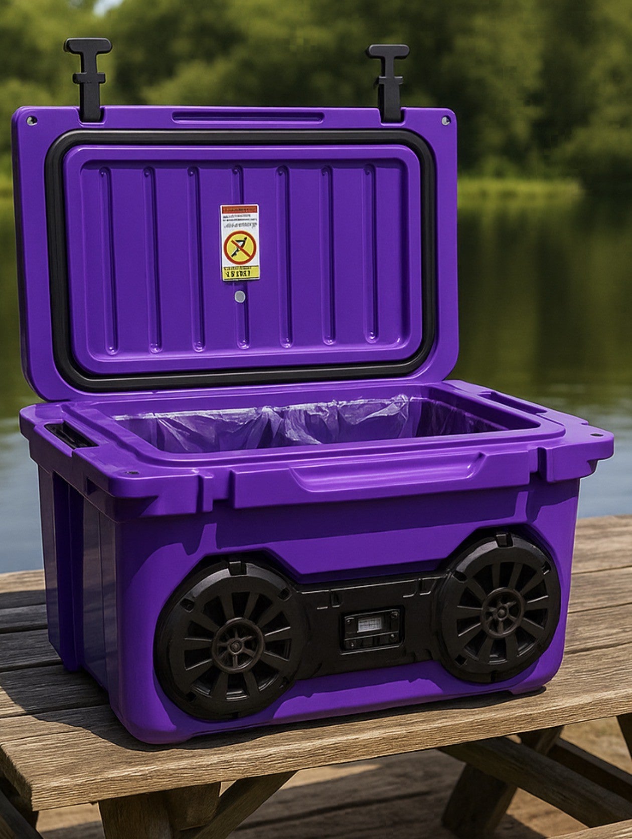 Purple Dual Hound Boxx cooler with built-in Bluetooth speakers on a wooden surface by a body of water.