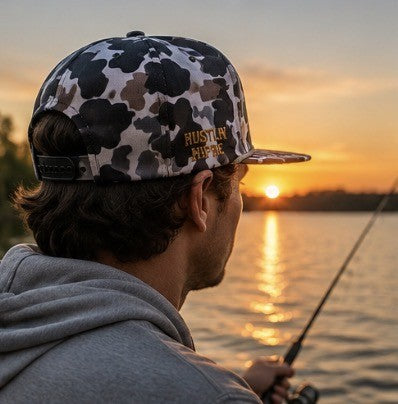Person wearing the Hustlin Hippie Signature Midnight Camo snapback hat while fishing at sunset outdoors.