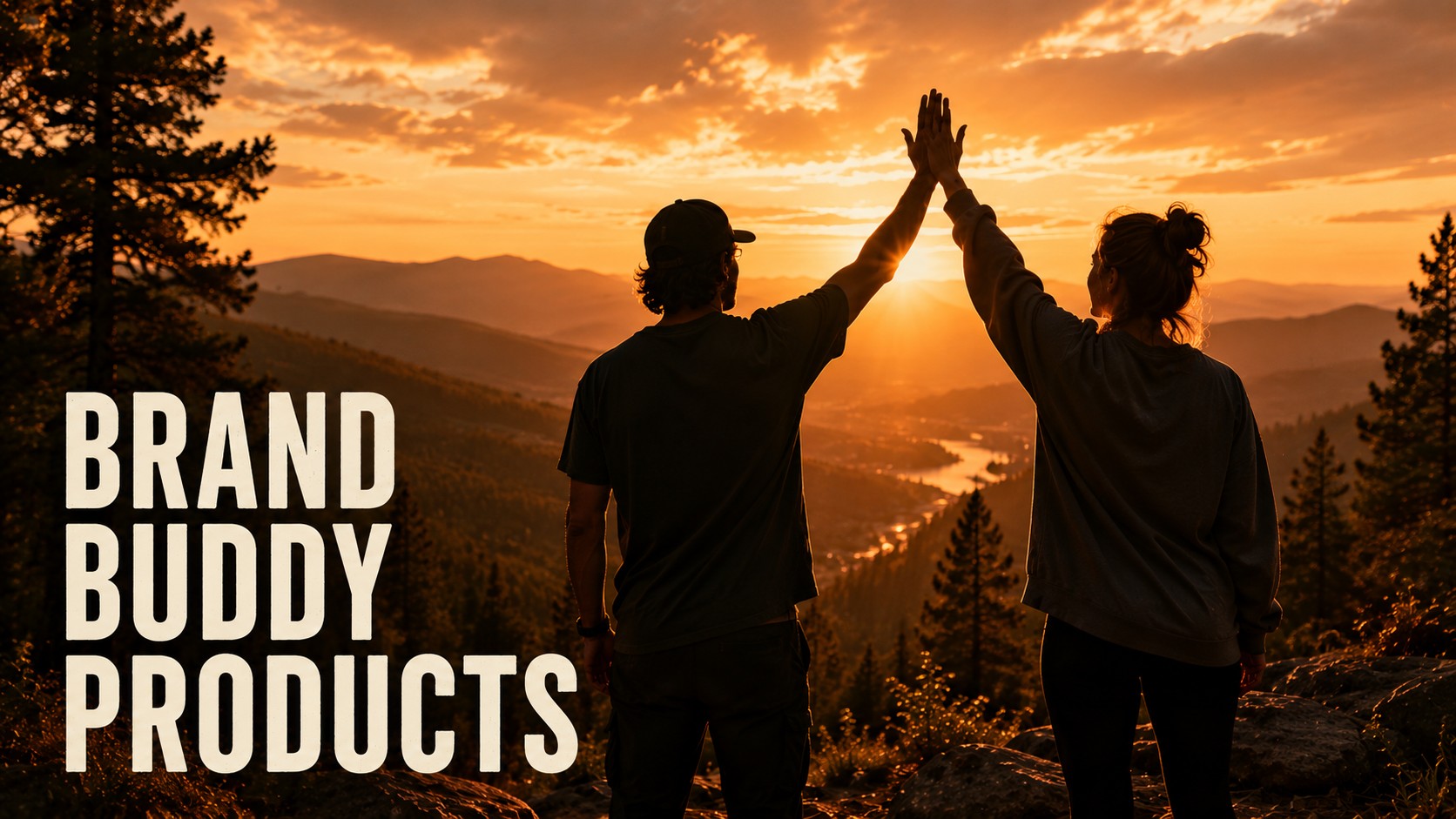 Two entrepreneurs high-fiving at sunset overlooking mountains, representing the Hustlin Hippie Brand Buddy community of creators, makers, and small businesses.