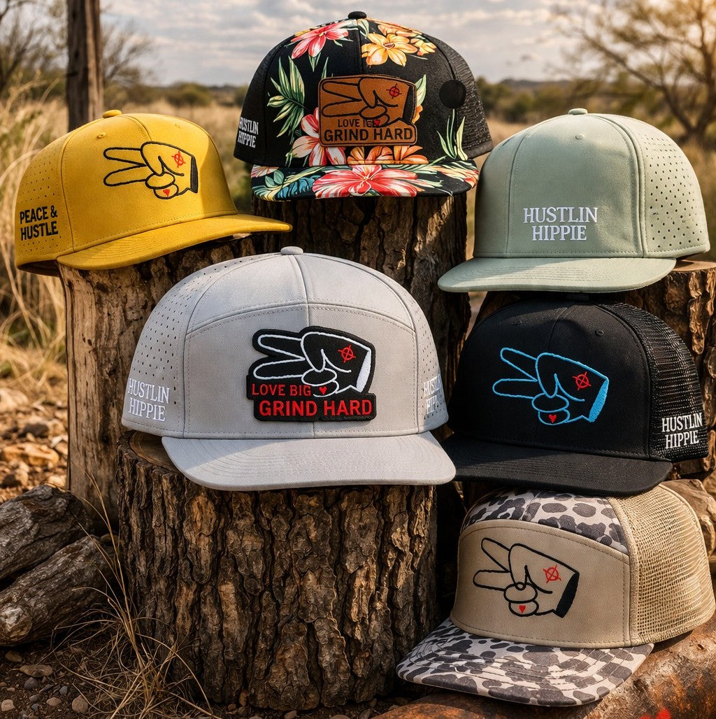 Hustlin Hippie hats collection featuring snapbacks and trucker hats for work, lifestyle, adventure and outdoor wear