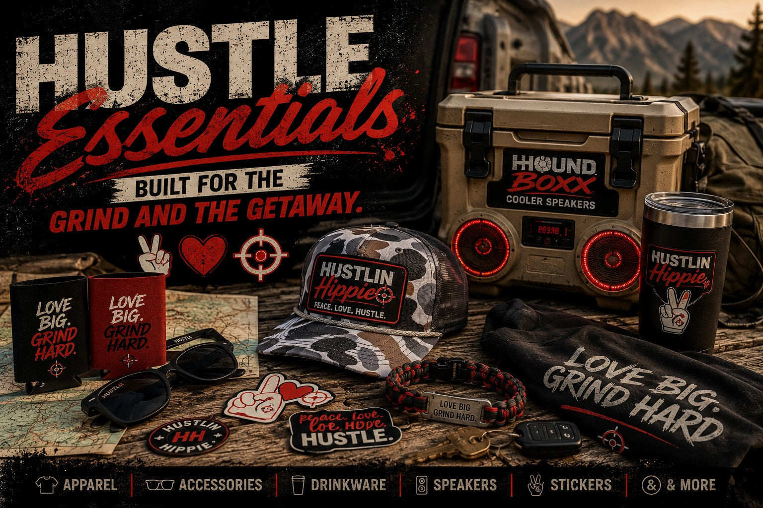 Hustlin Hippie Hustle Essentials collection featuring Hound Boxx Bluetooth cooler speakers, sunglasses, functional apparel, and lifestyle gear built for the grind and the getaway.