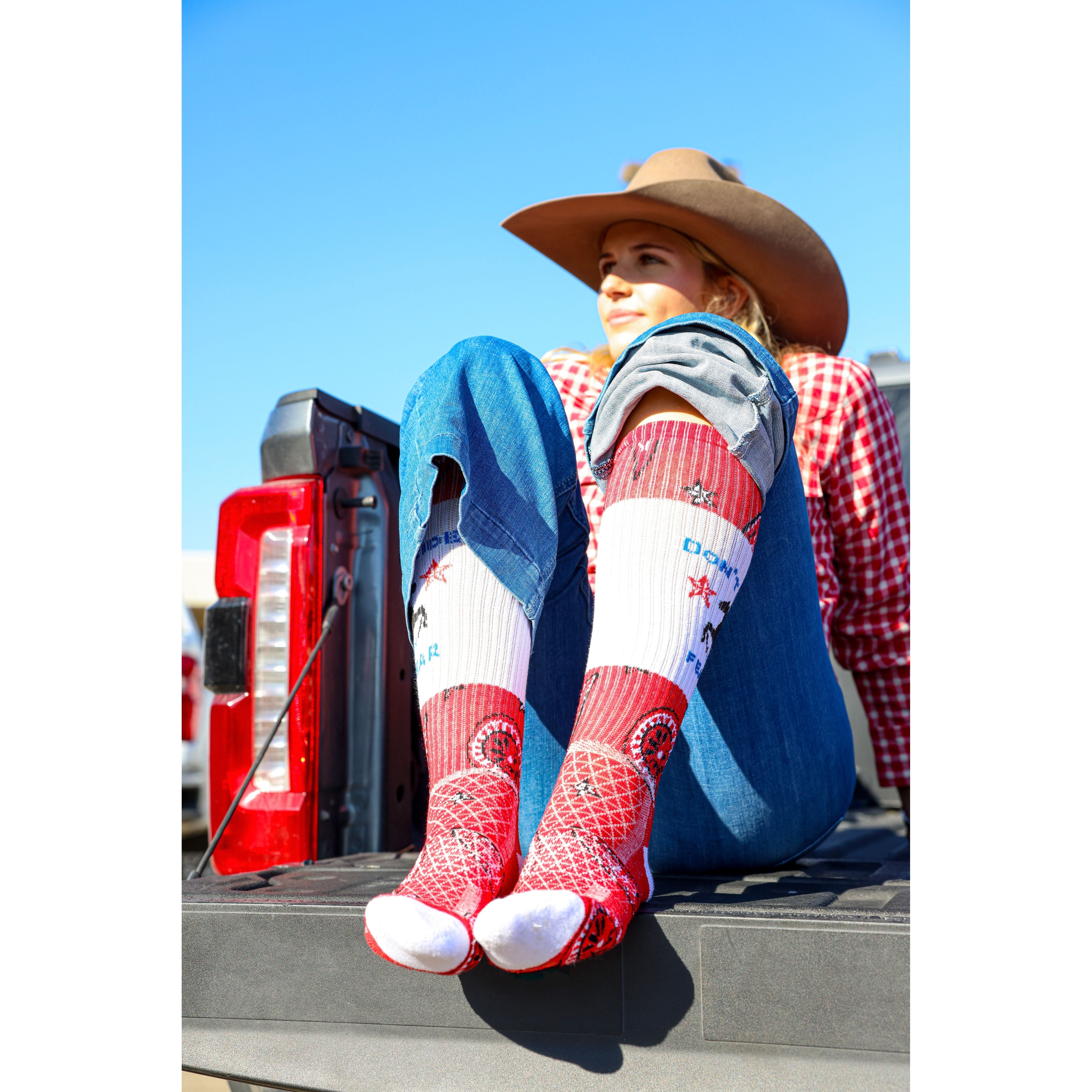 Don't Ride in Fear Red Paisley Western Cowgirl Performance Socks