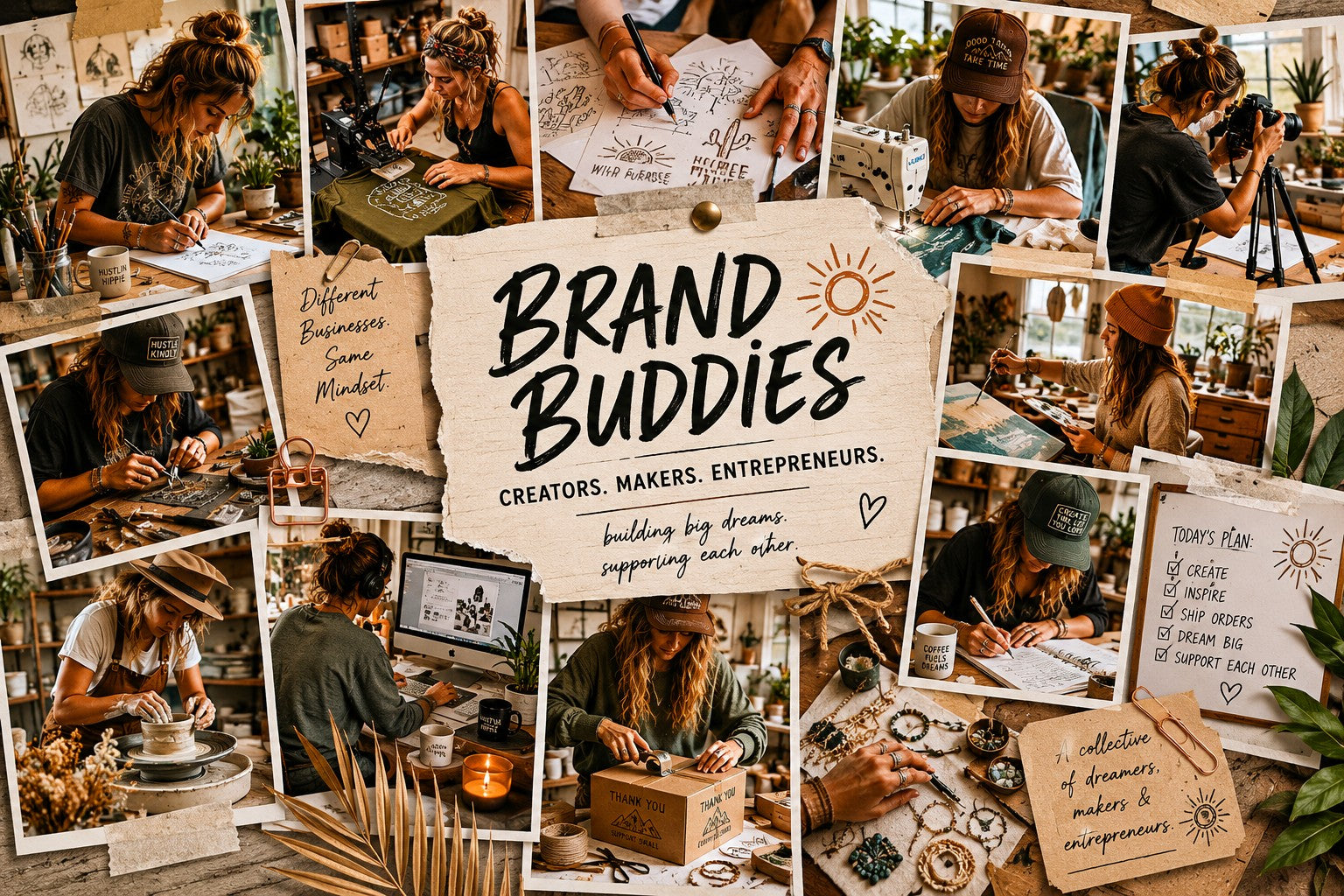 Vision board collage featuring creative entrepreneurs, makers, artists, and small business owners working, designing, crafting, and building brands within the Hustlin Hippie Featured Brand Buddies community.