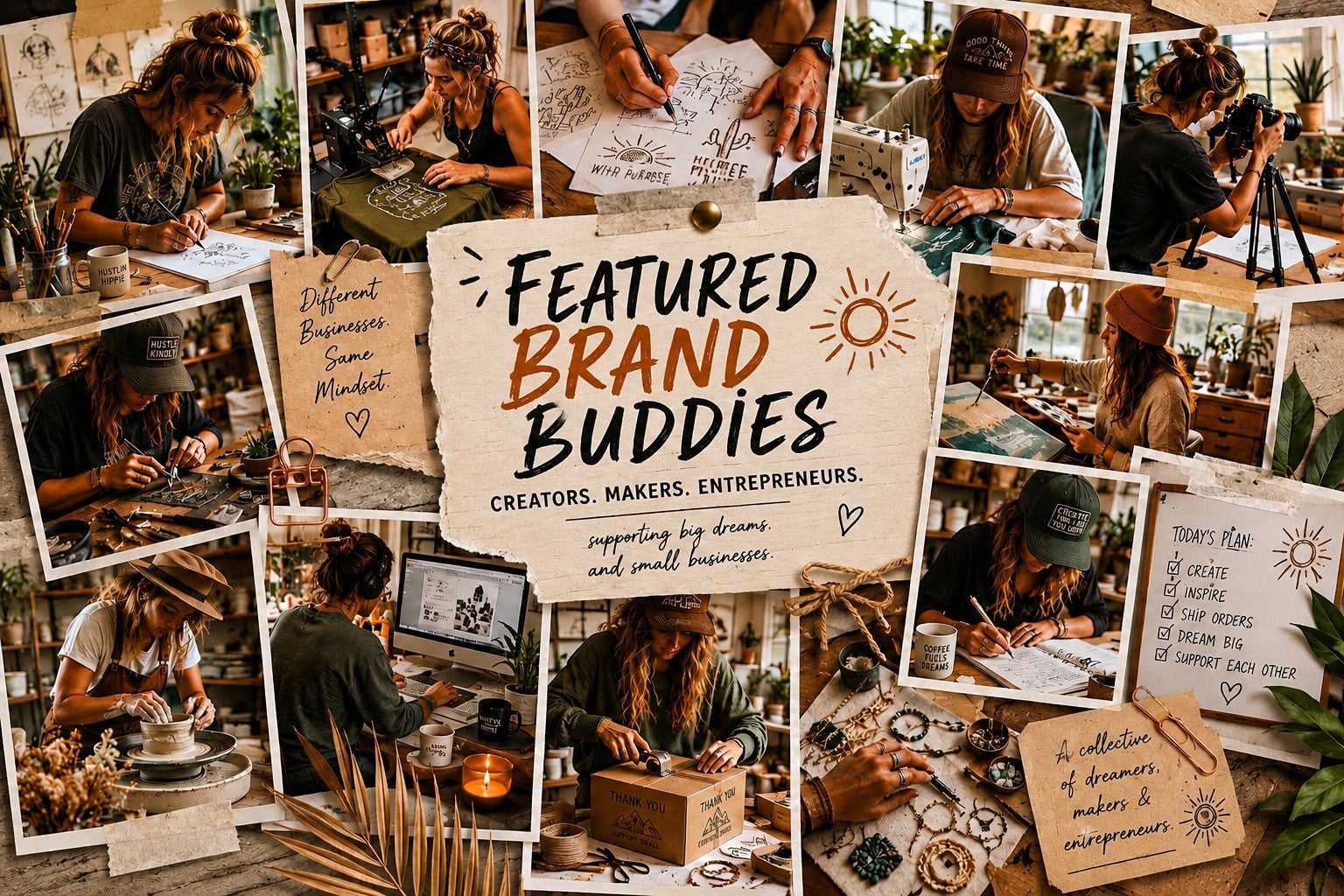 Featured Brand Buddies at Hustlin Hippie showcasing makers, creators, entrepreneurs, and small business owners building big dreams and supporting each other.