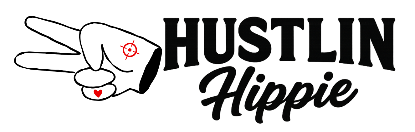 Hustlin Hippie lifestyle brand logo with peace symbol with bold Hustlin Hippie lettering in black