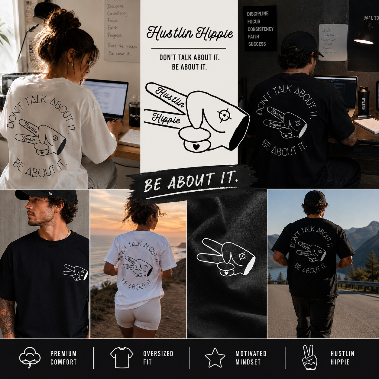 Collage featuring Hustlin Hippie "Don't Talk About It. Be About It." graphic t-shirts in black and white with lifestyle and motivational scenes