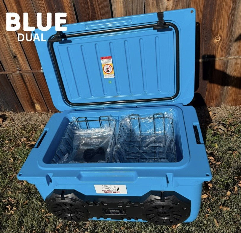Blue dual Hound Boxx speaker cooler with open insulated storage compartment