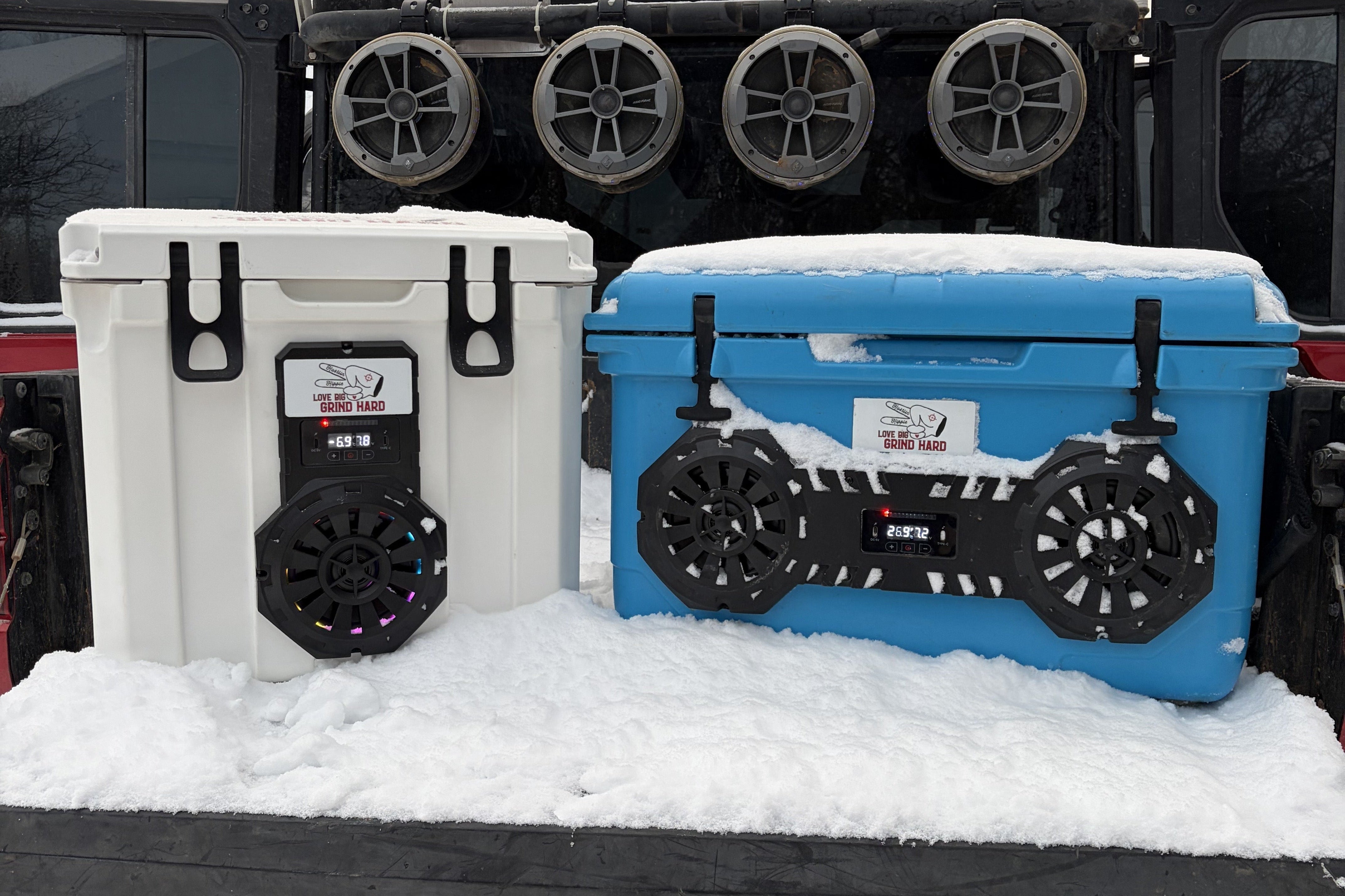 Hound Boxx Bluetooth speaker coolers designed for camping, tailgates, road trips, workdays, and outdoor adventures.