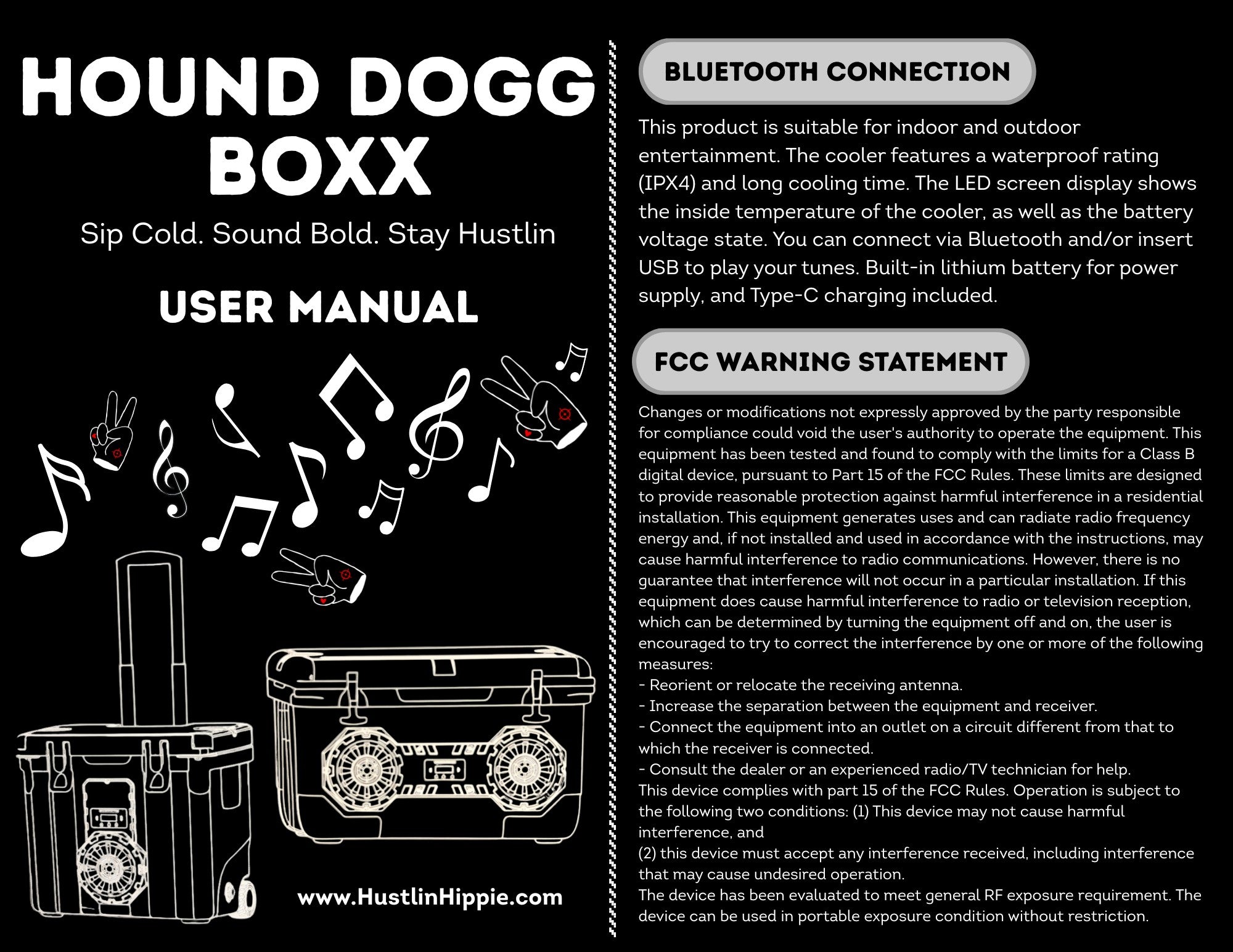 Hound Boxx Bluetooth cooler speaker user manual with product information and setup details