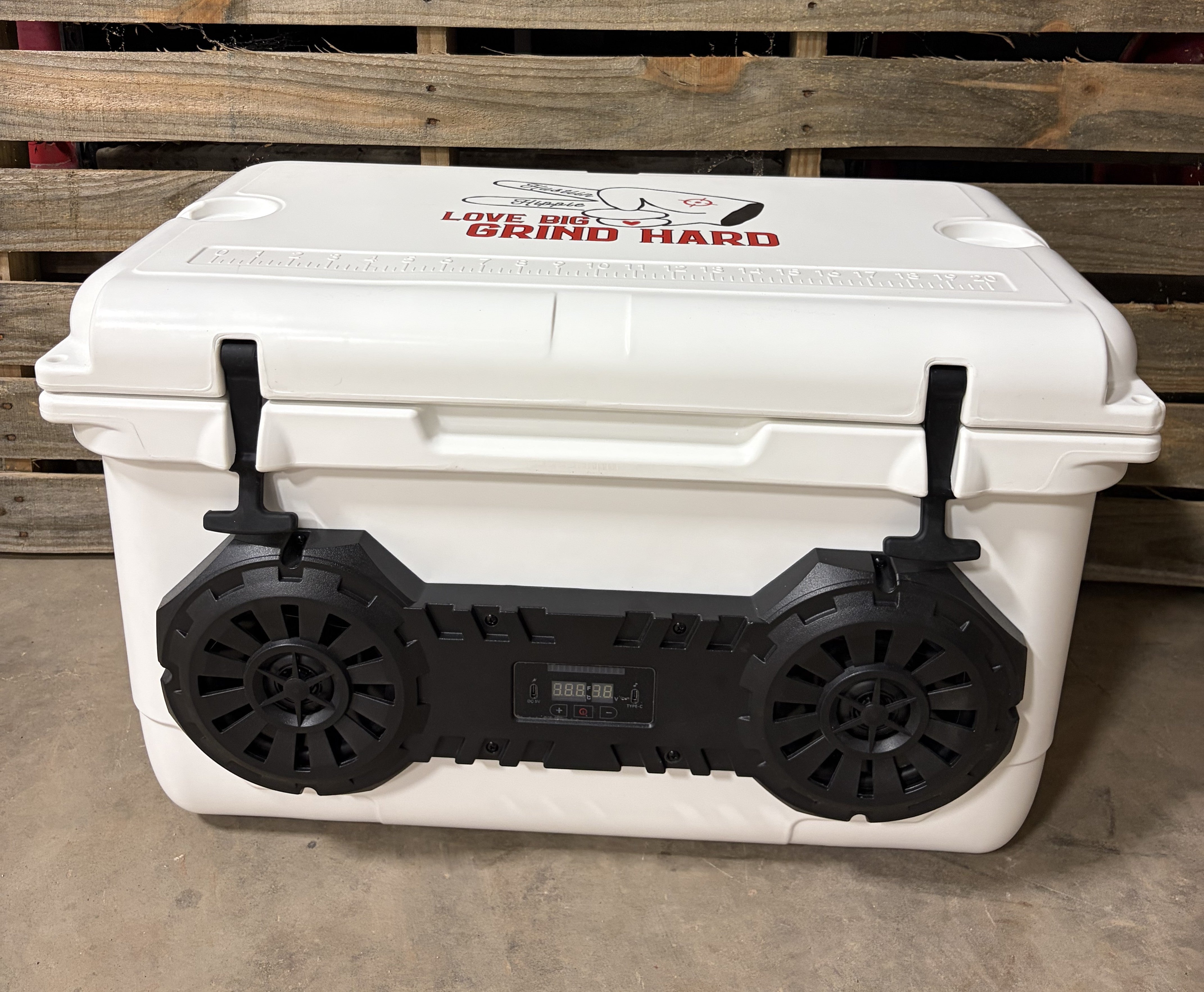 White Dual Hound Boxx Speaker Bluetooth cooler with built-in LED display, rugged latches and premium outdoor design