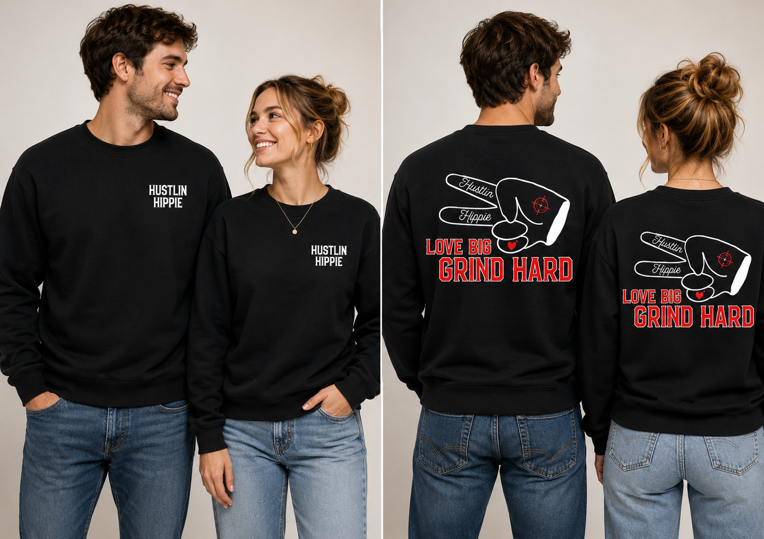Man and woman wearing black Hustlin Hippie Love Big Grind Hard graphic t-shirts with front logo and large back print.