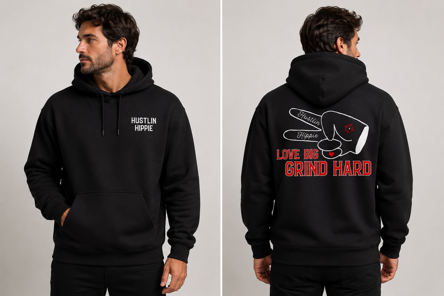 Black Hustlin Hippie Love Big Grind Hard hoodie with front logo and bold graphic back design.