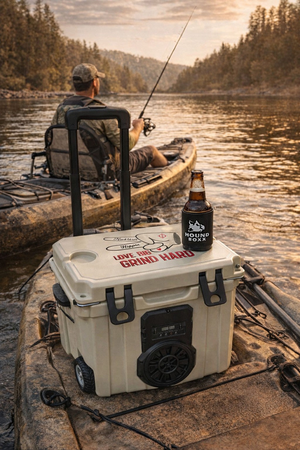 White Mono Hound Boxx Bluetooth cooler speaker on kayak during fishing trip at sunset