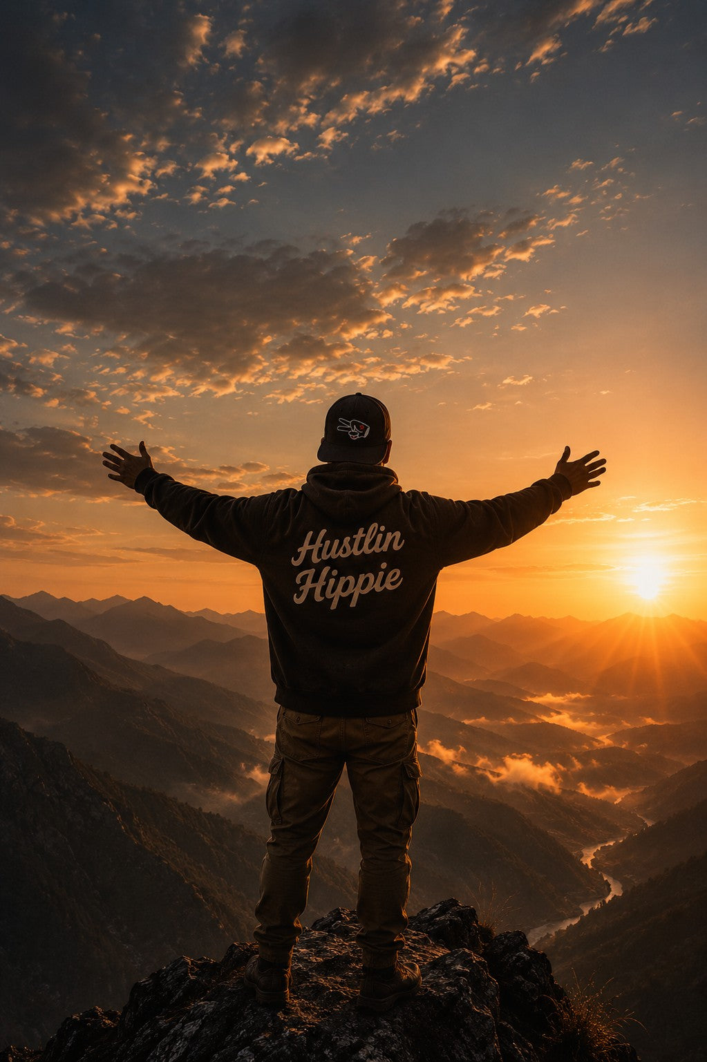 Hustlin Hippie mountain adventure lifestyle image featuring a person standing on a mountain peak at sunrise with arms outstretched wearing a Hustlin Hippie hoodie representing freedom, adventure and not settling.