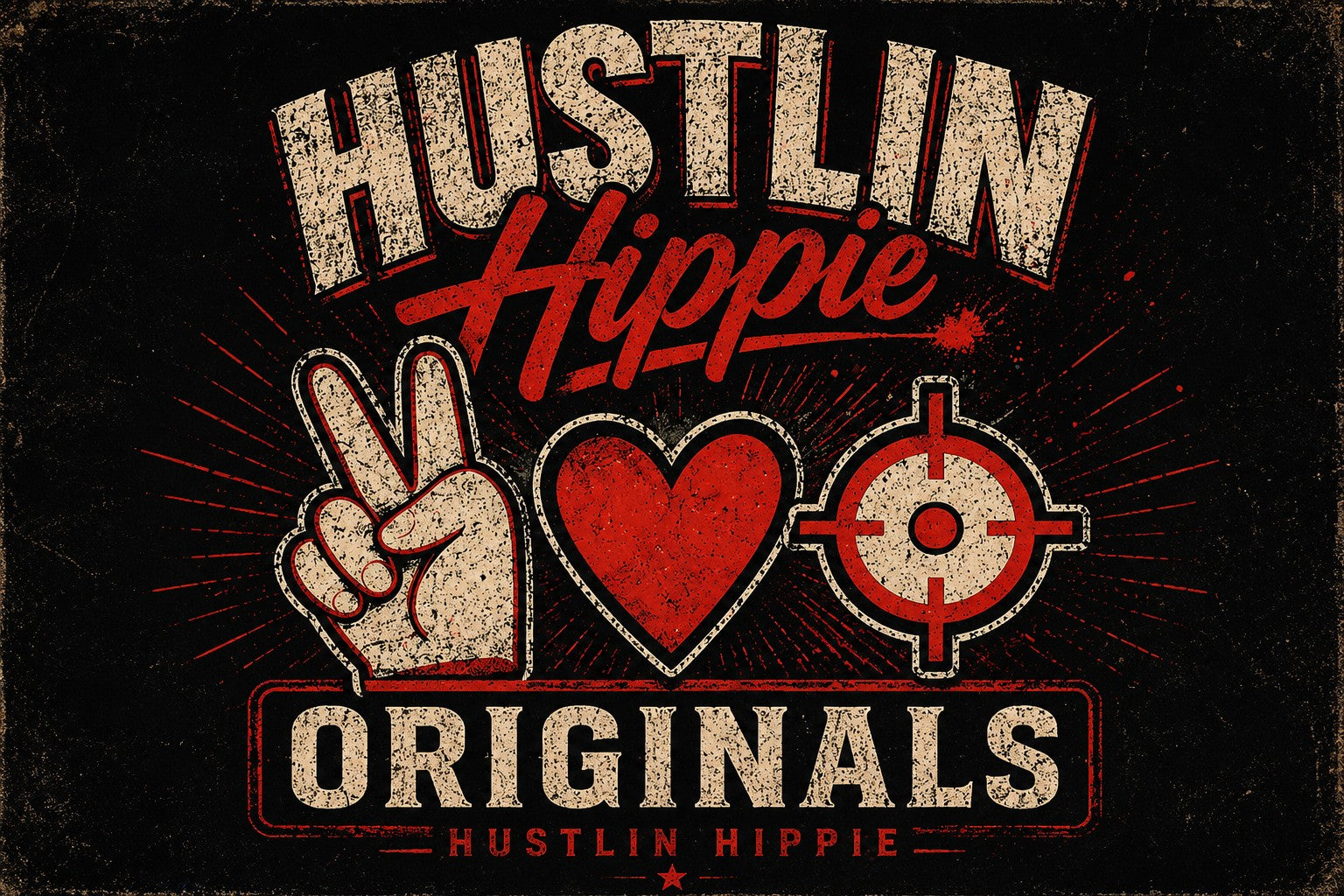 Hustlin Hippie Originals collection banner featuring vintage-style peace, love, and hustle graphics representing the core Hustlin Hippie apparel and lifestyle brand.