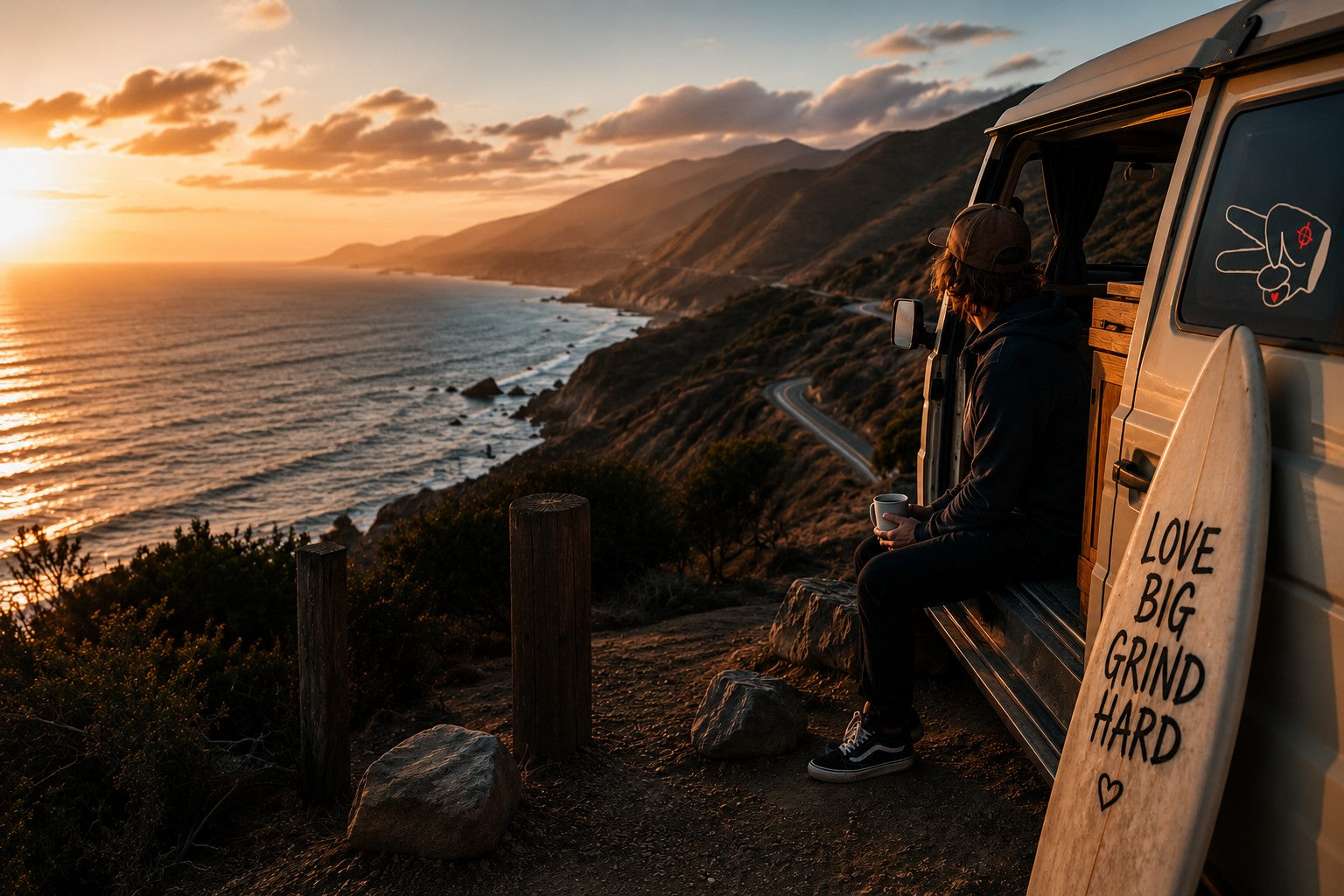 Hustlin Hippie coastal van life scene representing freedom, adventure, creativity, and living life your own way.