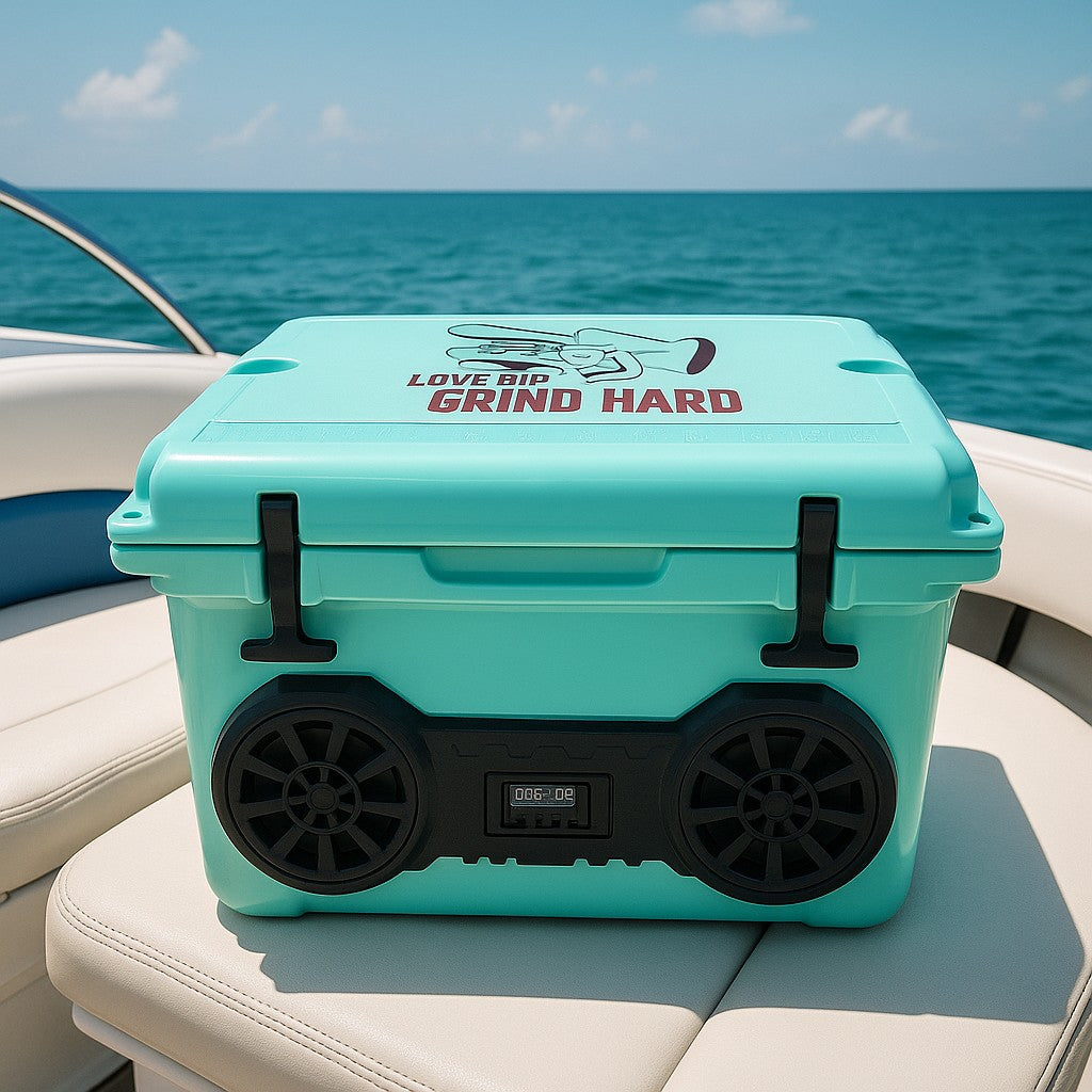 Teal Hound Boxx cooler with speakers on a boat seat with ocean background.