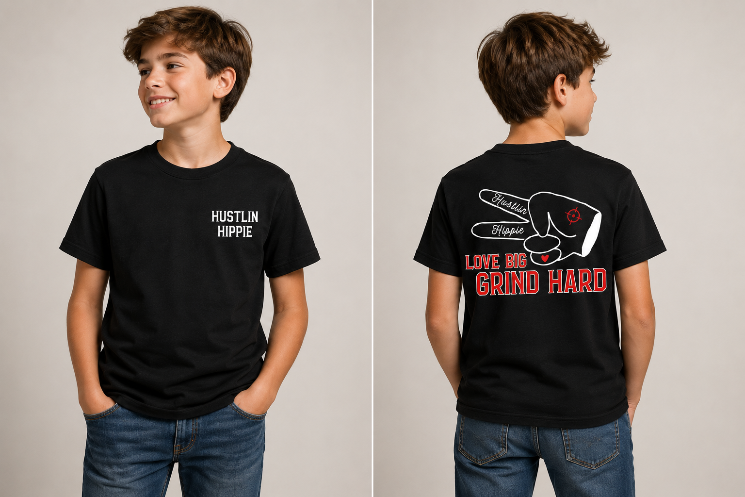 Child wearing black Hustlin Hippie Love Big Grind Hard youth t-shirt.
