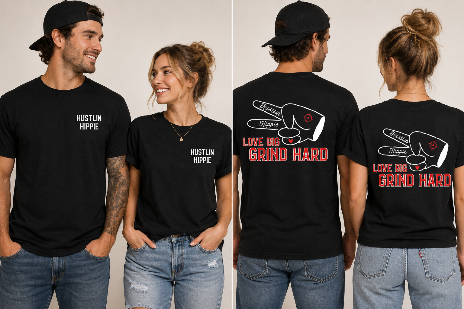 Man and woman modeling black Hustlin Hippie Love Big Grind Hard graphic t-shirts featuring minimalist front chest logos and bold oversized back artwork