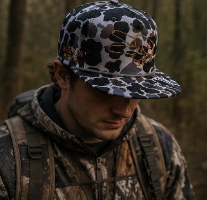 Close-up lifestyle image of a man wearing the Hustlin Hippie Signature Midnight Camo flat bill snapback in the woods.