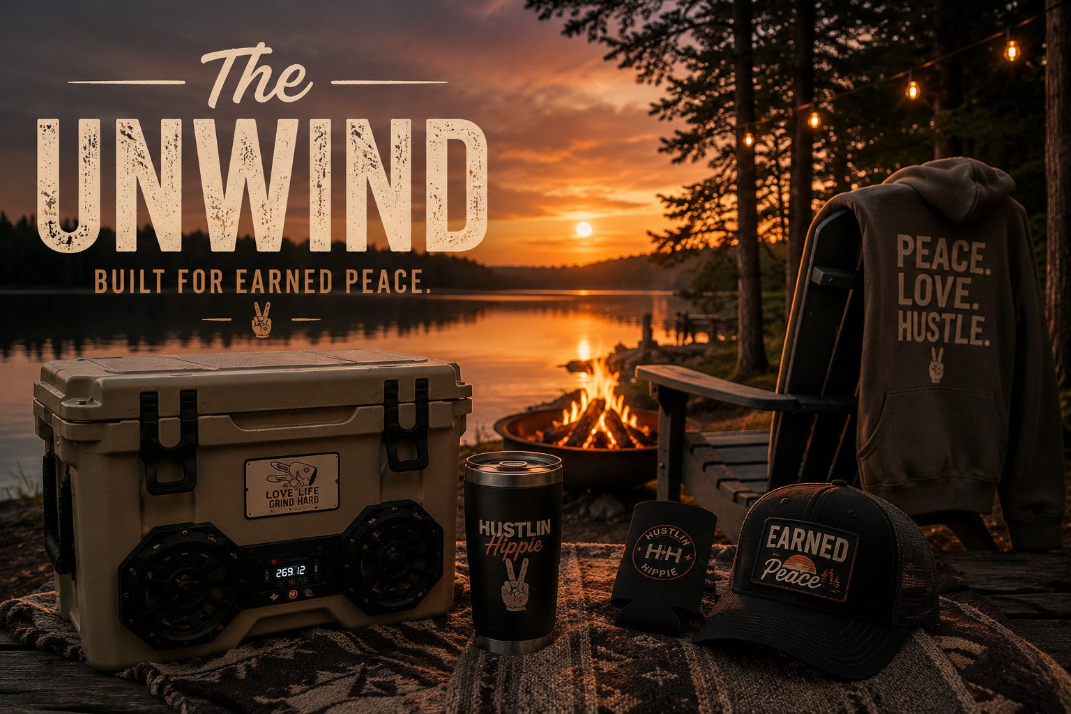 The Unwind collection banner featuring a lakeside campfire scene with Bluetooth cooler speakers, hoodies, hats, and relaxation-focused lifestyle gear designed for slowing down, recharging, and earned peace.
