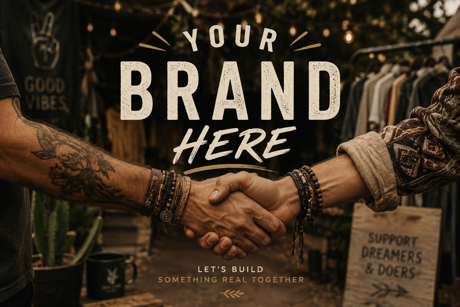 Two creators shaking hands in a warm boho marketplace setting with ‘Your Brand Here’ text overlay representing collaboration, small business partnerships, and the Hustlin Hippie Brand Buddies community.
